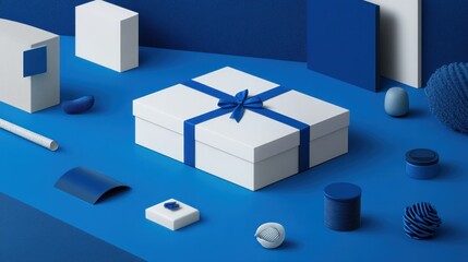 White Gift Box With Blue Ribbon On Blue Background