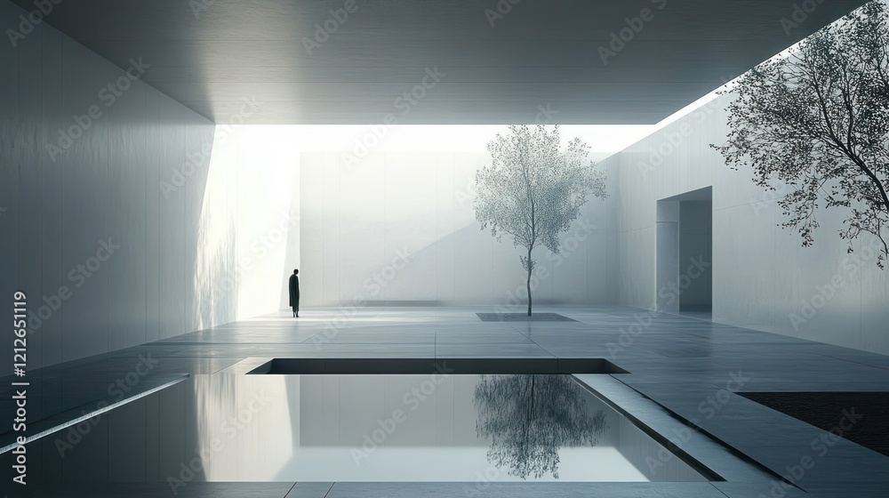 Poster Minimalist Architecture Featuring A Lone Figure And Trees