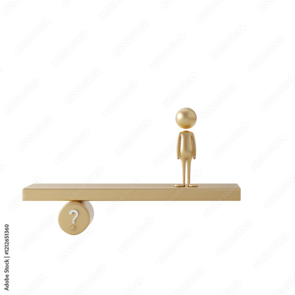 Poster a gold 3d figure stands on a seesaw balanced by a question mark, symbolizing uncertainty or a decisi