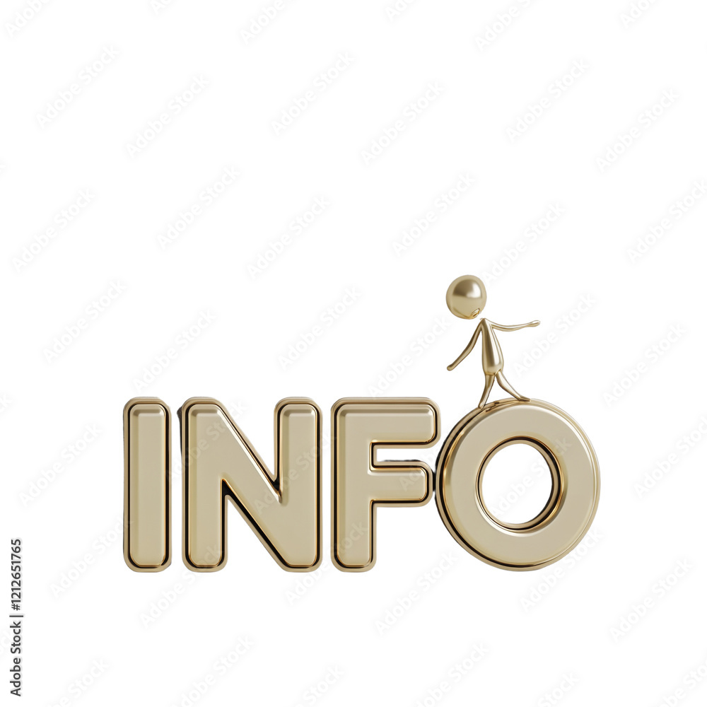 Poster a 3d rendered image shows a golden info sign with a small golden figure standing atop the o.