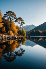 Obraz premium trees are reflected in the water of a lake with mountains in the background