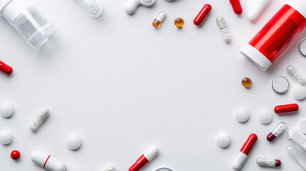 Medical supplies and capsules arranged on white background, showcasing various types of medication and containers