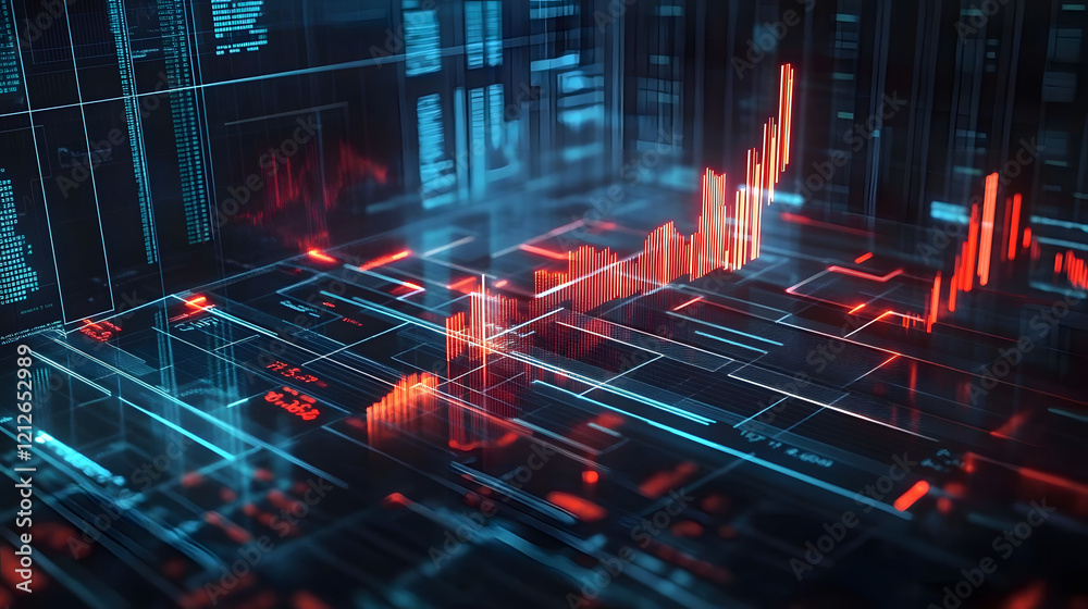 Poster digital financial chart with glowing lines and data visualization on a dark background.