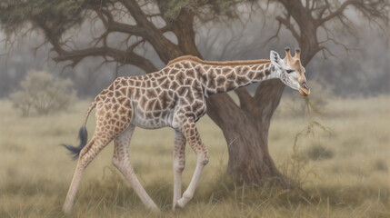 Obraz premium Baby giraffe walking in the savannah, a graceful and heartwarming scene under the golden African sun