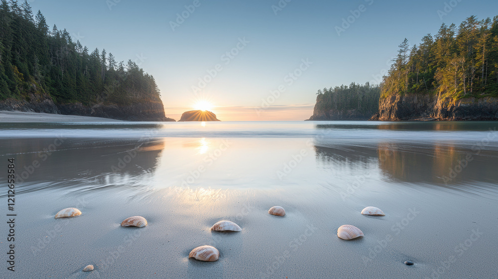 Aufkleber tranquil beach scene with seashells on sand, reflecting sunset. calm water and surrounding trees create serene atmosphere