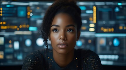 Focused woman looking at computer screen.