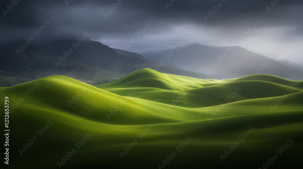 Poster lush green hills undulate under dramatic cloudy sky, creating serene landscape. interplay of light a