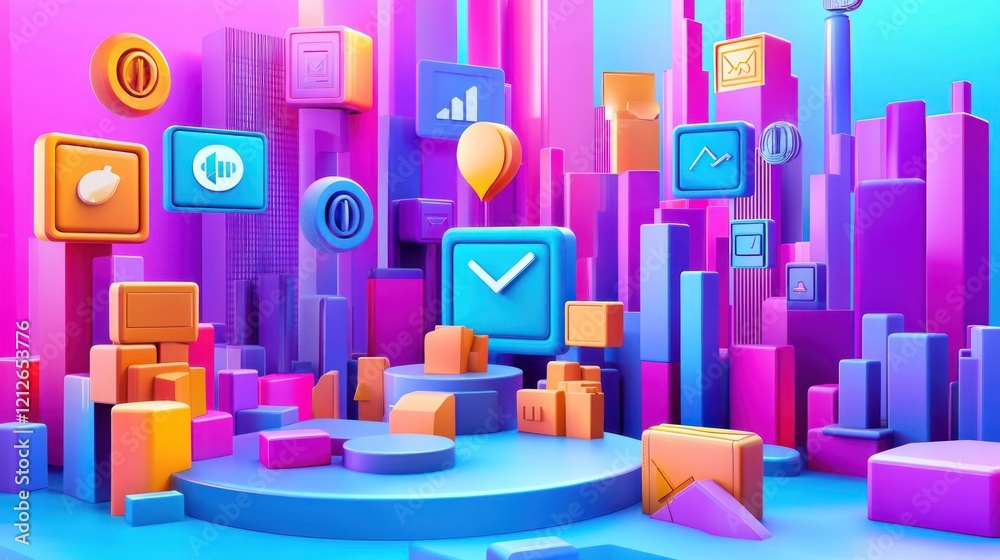 Poster Abstract Colorful 3D Render of Geometric Shapes and Icons