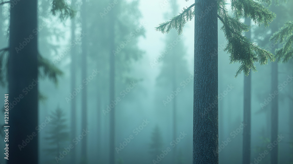 Poster Misty forest landscape with tall trees and soft light filtering through