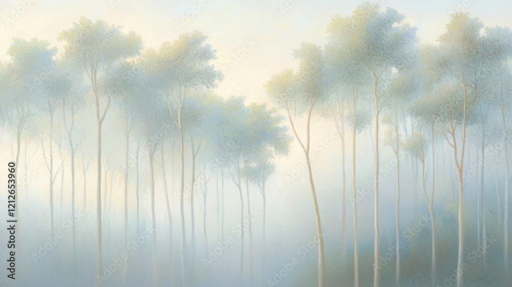 Poster Serene forest landscape with soft light filtering through trees, creating tranquil atmosphere