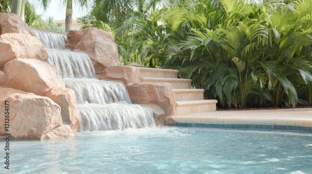 Poster serene waterfall cascading into tranquil pool surrounded by lush greenery