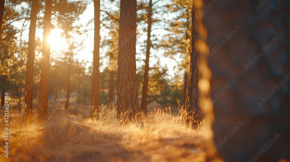 Poster serene forest landscape with soft light filtering through trees, creating warm atmosphere