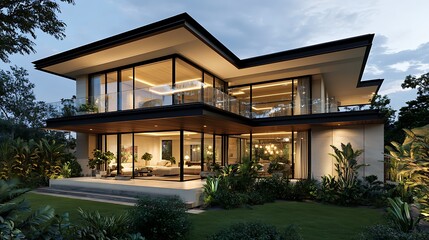 Fototapeta premium Glass Exterior Villa with Flat Roof and Lush Green Front Yard