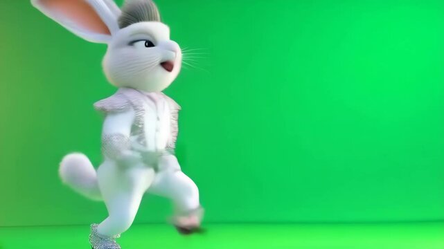 3D Animated Rabbit Dancing in White Suit on Green Screen Background