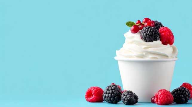 A creamy dessert topped with fresh berries sits in a white cup against a vibrant blue background.