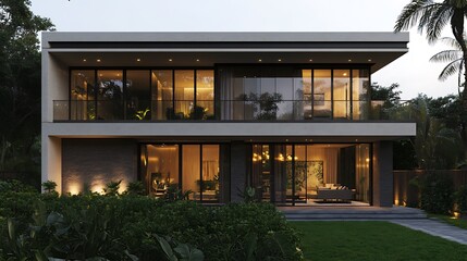 Obraz premium Glass Exterior Villa with Flat Roof and Lush Green Front Yard