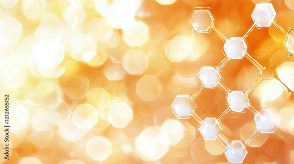 Fototapete Soft orange backdrop with abstract shapes and hexagonal patterns creates vibrant atmosphere. Ideal for scientific or artistic themes