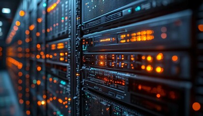 Naklejka premium rows of modern servers with glowing indicators and holographic interfaces for monitoring system health, Big Data Storage Facility