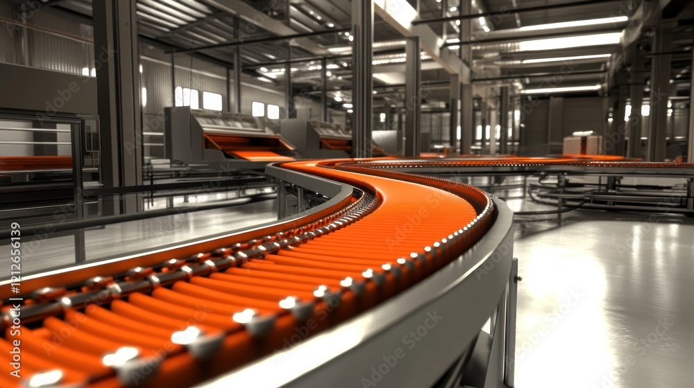 Poster automated conveyor belt system in modern factory