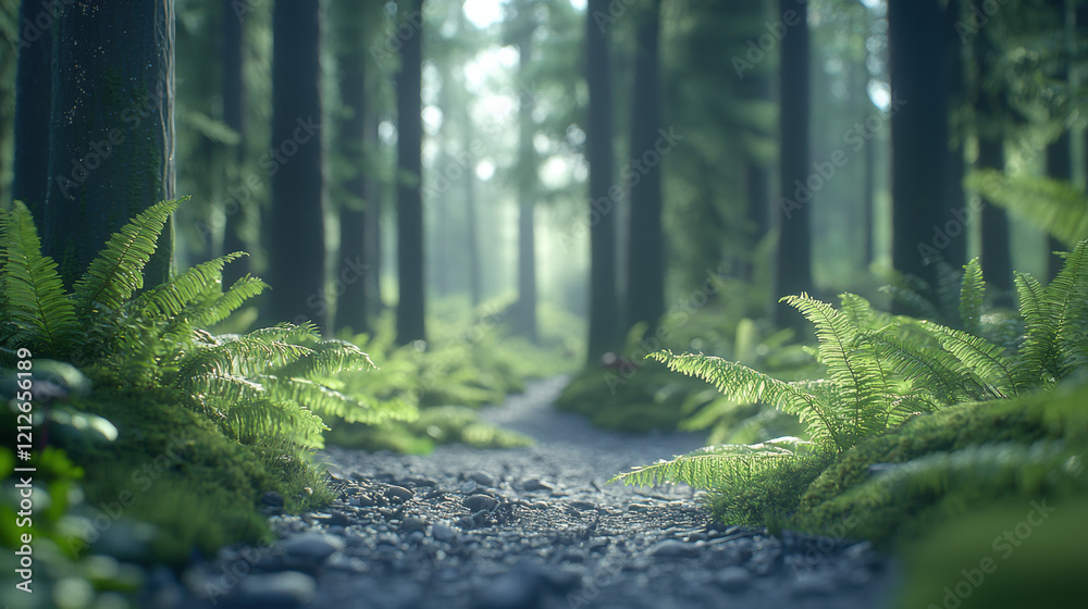 Poster softly lit forest path surrounded by lush ferns and greenery, inviting exploration and tranquility
