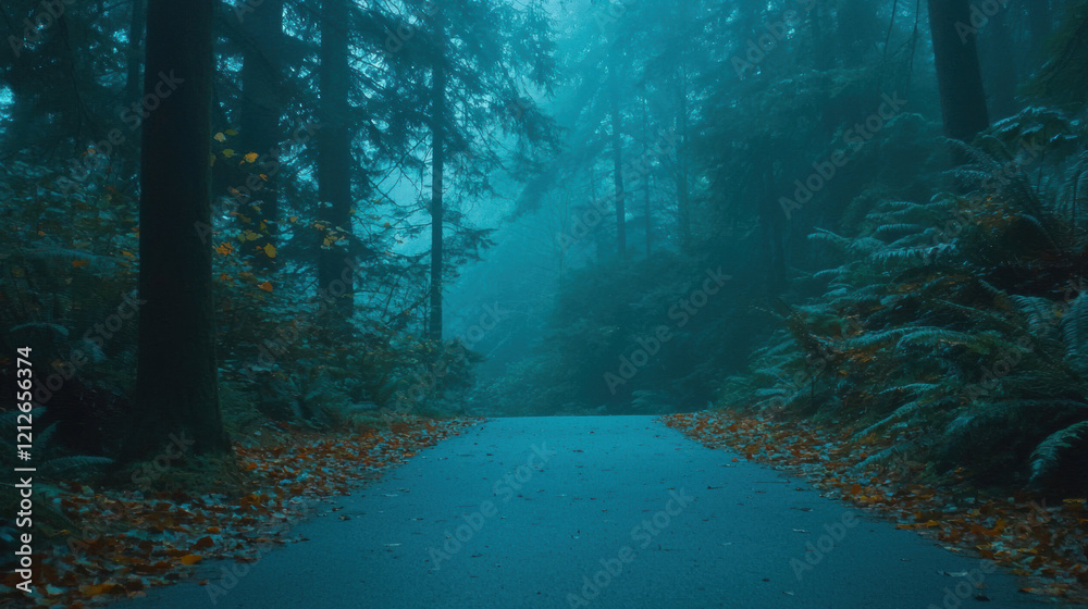 Poster softly lit path winds through dense forest, surrounded by autumn leaves and mist. tranquil atmospher