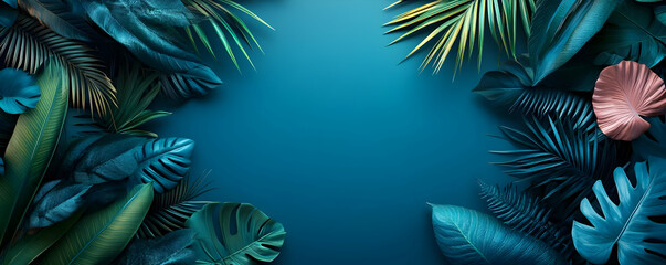 Naklejka premium Teal Tropical Leaves Border Background