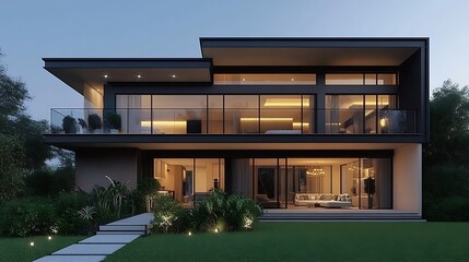 Obraz premium Glass Exterior Villa with Flat Roof and Lush Green Front Yard