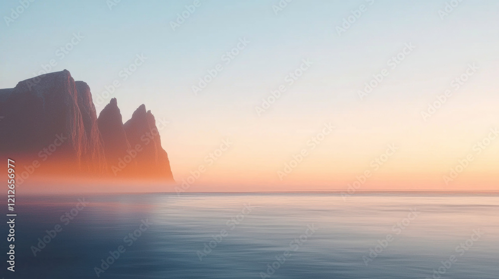 Poster tranquil fjord with steep cliffs and calm waters at sunset, creating serene atmosphere