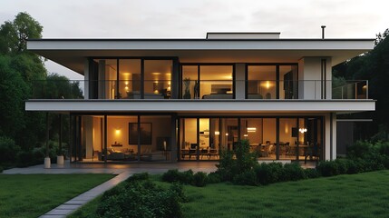 Obraz premium Glass Exterior Villa with Flat Roof and Lush Green Front Yard