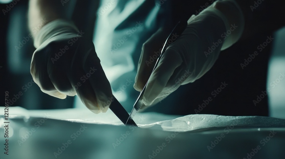 Poster gloved hands carefully use scalpels on a surface