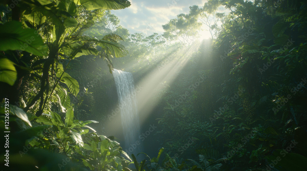 Poster vibrant rainforest scene featuring waterfall surrounded by lush greenery and sunlight filtering thro