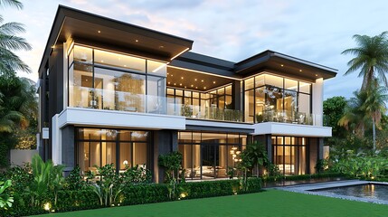 Fototapeta premium Glass Exterior Villa with Flat Roof and Lush Green Front Yard
