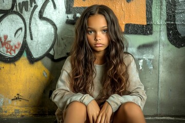 Naklejka premium Stunning calm mixed-race girl - for ads, poster and social networks promotion use. Commercial promotion visual idea. Long haircut - beach waves hair. African elegance trends advertising.