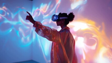 Woman Explores Colorful Virtual Reality in Immersive 3D Experience - Powered by Adobe