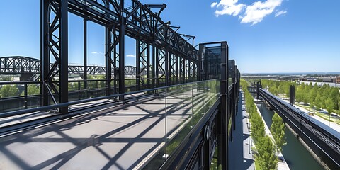 Elevated walkway with city view.