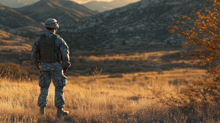 Soldier standing in a field overlooking mountains