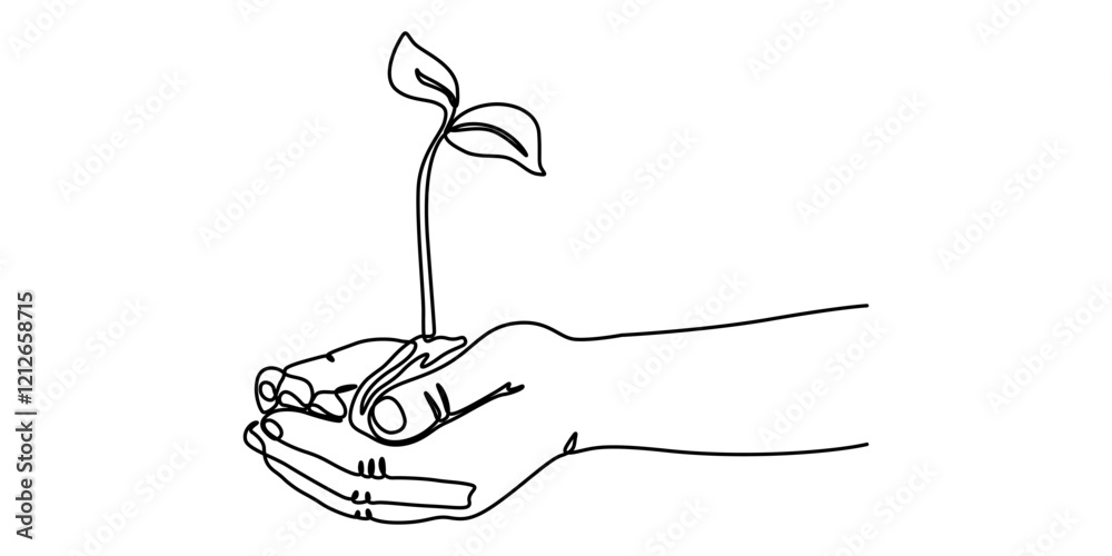Poster hand hold leaves branch continuous line drawing. plant in human arm one line art. vector illustratio