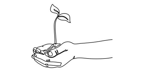 Obraz premium Hand hold leaves branch continuous line drawing. Plant in human arm one line art. Vector illustration isolated on white, Sprout in Hands Continuous Line Icon, Single continuous line of hands holding. 