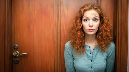 Fototapeta premium Woman, hesitant, closed door, fear, unknown