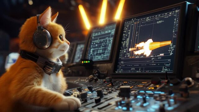 Orange Cat in Headphones at Futuristic Mission Control with Other Cats
