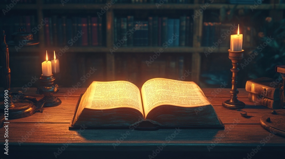 Poster ancient book illuminated by candlelight in a library