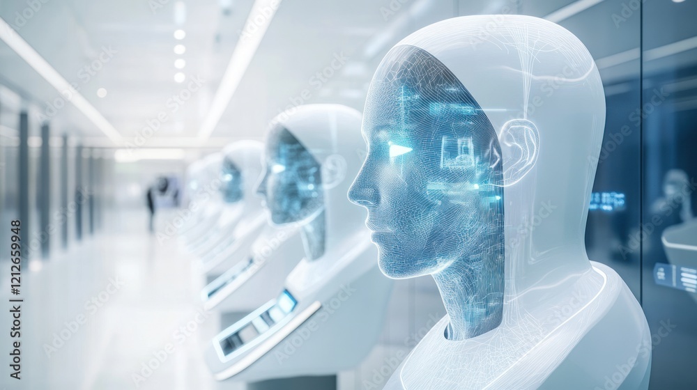 Poster Row of futuristic android heads displayed in a modern setting