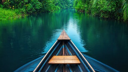 Obraz premium Wildlife safaris: Jungle exploration. Serene boat view on a tranquil river surrounded by lush greenery.