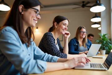 Three Women Collaborating on Laptops in Modern Office Space, Showcasing Teamwork and Innovation among Diverse Professionals