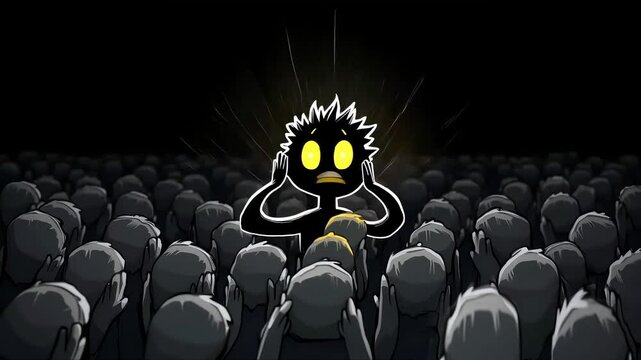 shocked person surrounded by grey crowd 