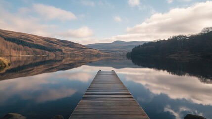 Naklejka premium Serene Lake Reflections Wooden Dock Mountain View