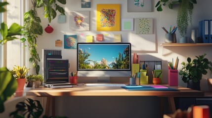 Sunlit Creative Workspace with Tropical Desktop Image