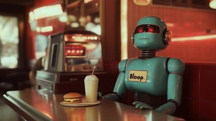 Retro Robot Waits Patiently at a Diner Counter with Burger and Milkshake