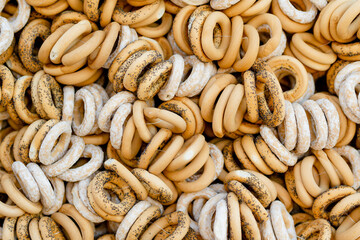 Loaves of organic bagels for sale at outdoor farmers market in Vilnius. Traditional fair in Vilnius, the capital of Lithuania.