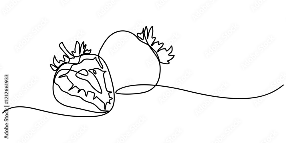 Poster Vector illustration with continuous line drawing Strawberries, Single continuous line drawing of organic strawberry for fruit icon fresh berries fruitage concept, Organic Strawberry One Line Drawing. 